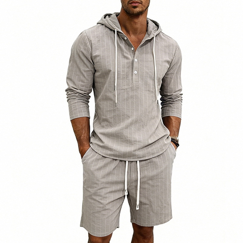 Short Linen Drawstring - 여름 루즈핏 린넨 자카드 세로 스트라이프