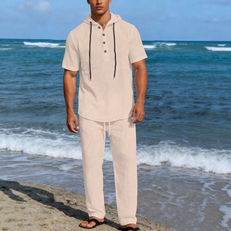 Short Linen Drawstring - 남성용 2피스 린넨 후드 의상, 반팔