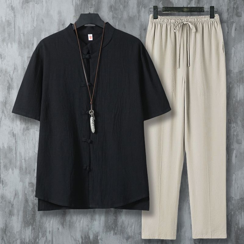 Short Linen Drawstring - 남성 에스닉 스타일 린넨 셔츠 세트