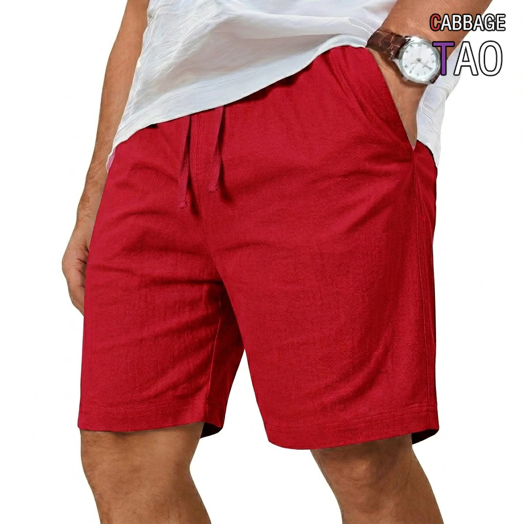Short Linen Drawstring - 오버사이즈 코튼 린넨 반바지, 솔리드 경량