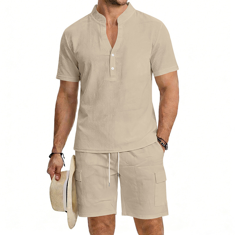 여름 남성 린넨 투피스 세트 헨리넥 반팔 셔츠 반바지  - Short Linen Drawstring 리뷰 및 가격