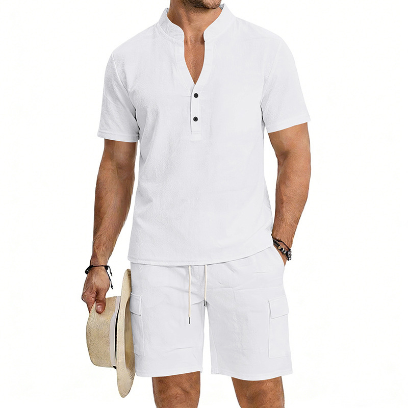 여름 남성 린넨 투피스 세트 헨리넥 반팔 셔츠 반바지  - Short Linen Drawstring 리뷰 및 가격