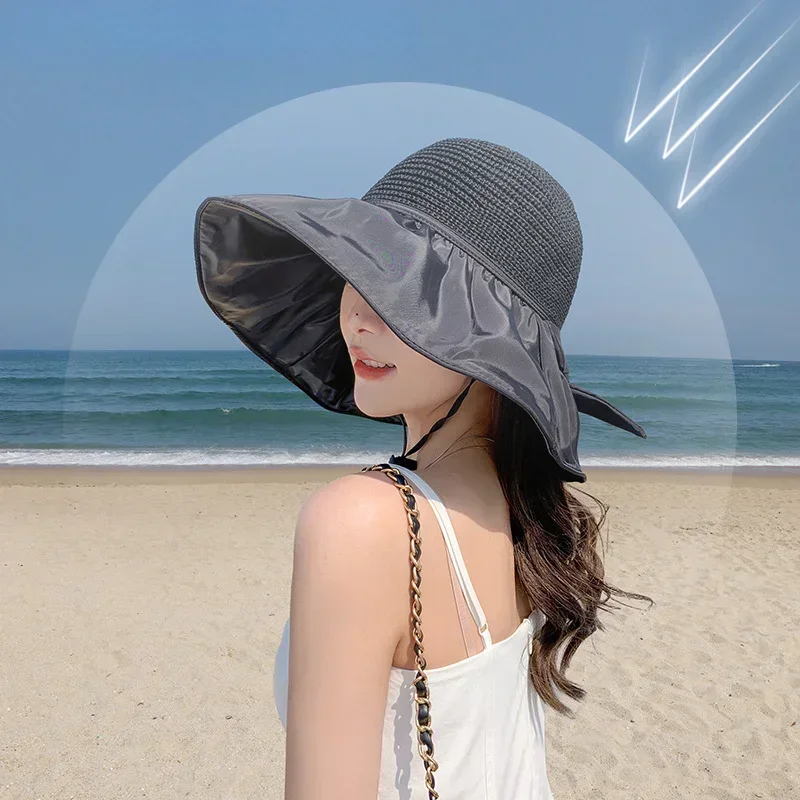 여름 태양 모자 여성 밀짚 짠 안티 자외선 태양 바이저 - Bucket Hat Straw 리뷰 및 가격