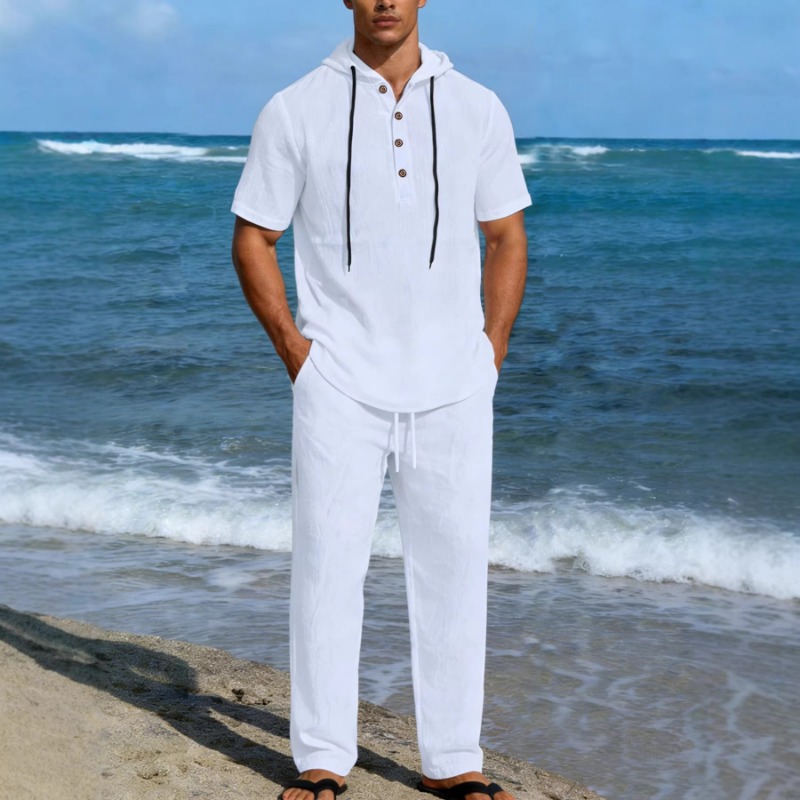 남성용 2피스 린넨 후드 의상, 반팔 헨리 셔츠와 드로 - Short Linen Drawstring 리뷰 및 가격