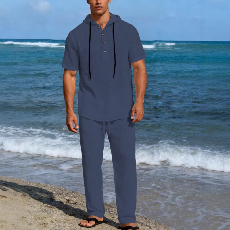 남성용 2피스 린넨 후드 의상, 반팔 헨리 셔츠와 드로 - Short Linen Drawstring 리뷰 및 가격