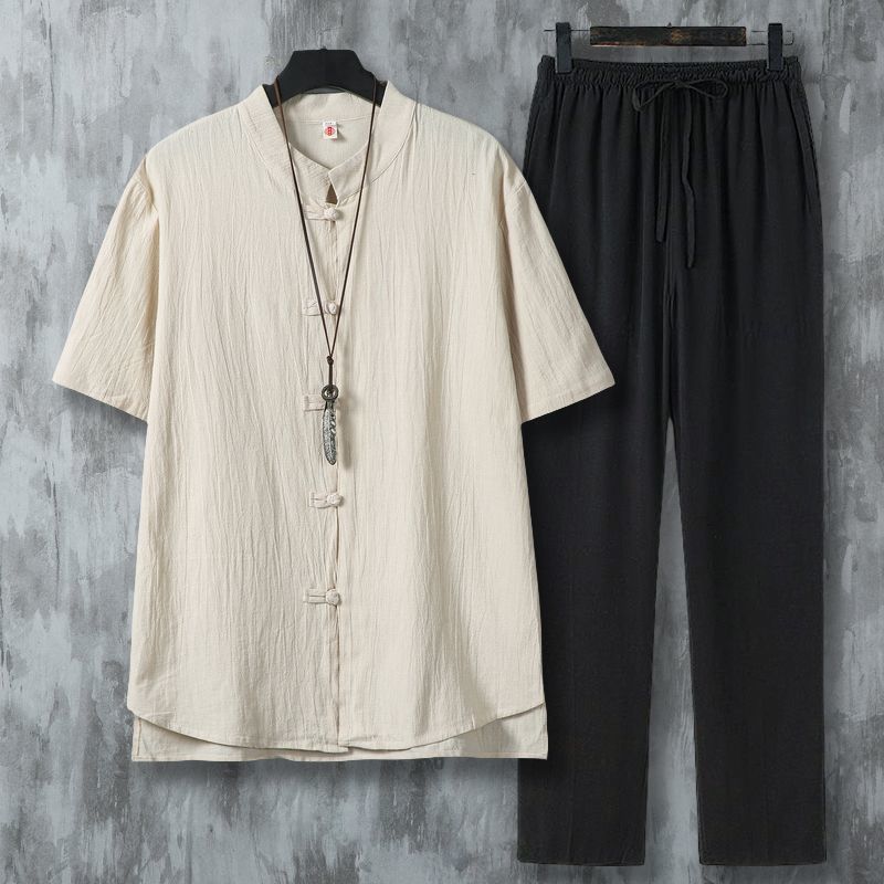 남성 에스닉 스타일 린넨 셔츠 세트 중국 전통 스탠드  - Short Linen Drawstring 리뷰 및 가격