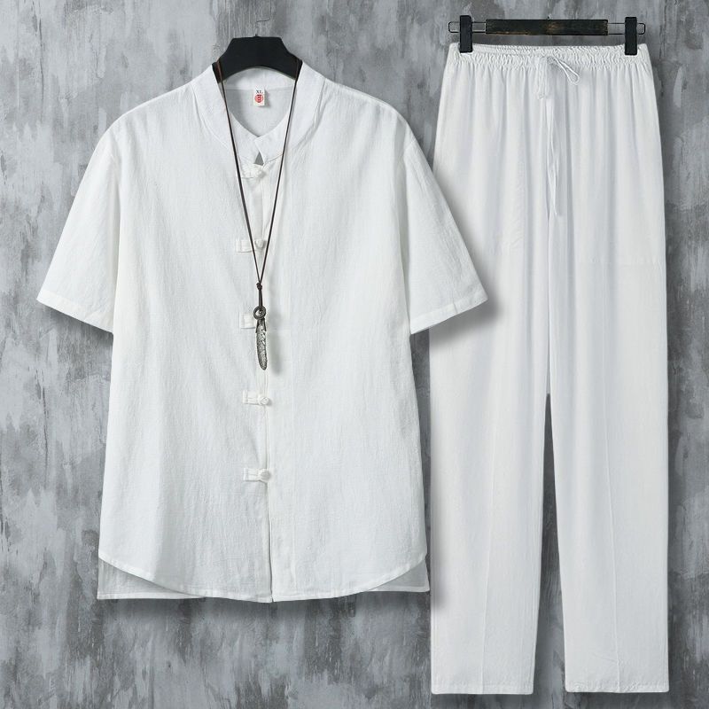 남성 에스닉 스타일 린넨 셔츠 세트 중국 전통 스탠드  - Short Linen Drawstring 리뷰 및 가격