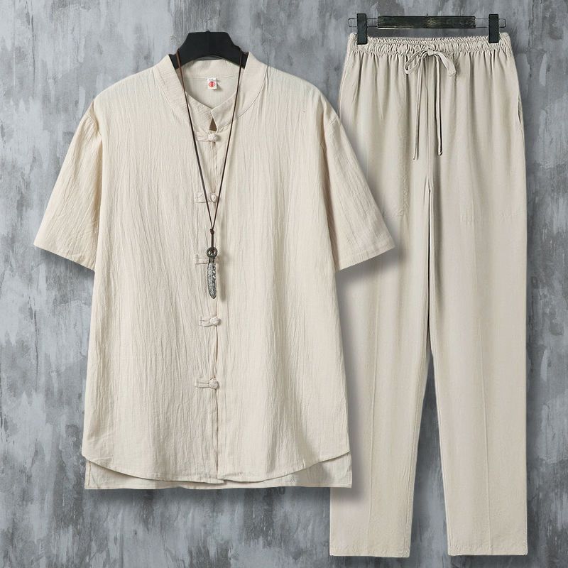 남성 에스닉 스타일 린넨 셔츠 세트 중국 전통 스탠드  - Short Linen Drawstring 리뷰 및 가격